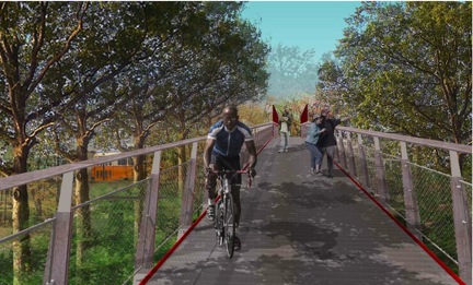 Mattapan Crossing and Canopy Walk: A graphic from a DCR presentation shown during a meeting on Aug. 30 depicts a proposed bridge at Mattapan station.